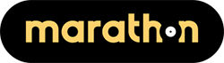 Logo for Marathon. The word is in beige with a black background shaped like an elongated oval. A white dot is in place of the O.