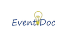 Logo EventDoc con testo blu e icona a forma di lampadina gialla.