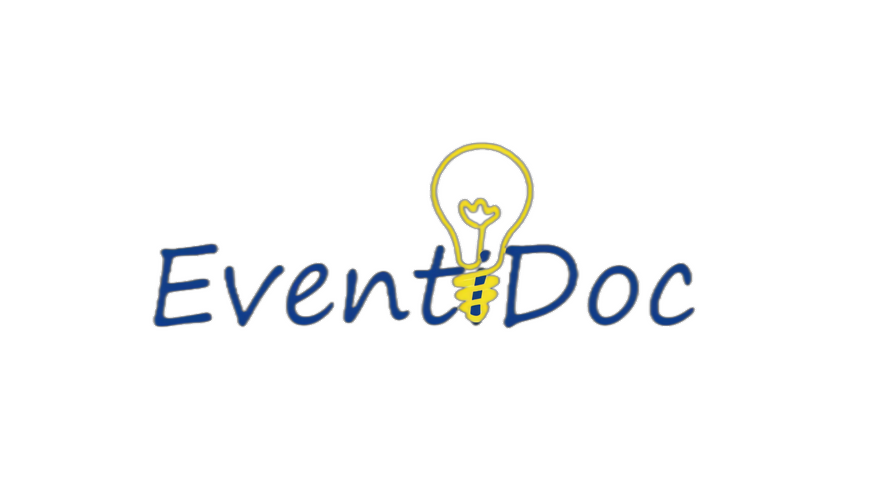 Logo EventDoc con testo blu e icona a forma di lampadina gialla.