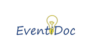 Logo EventDoc con testo blu e icona a forma di lampadina gialla.