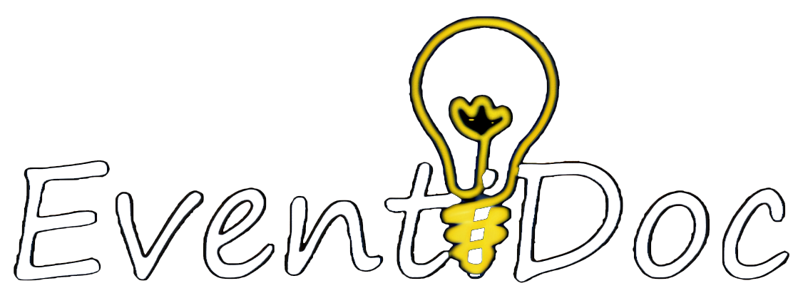 Logo EventDoc con testo blu e icona a forma di lampadina gialla.