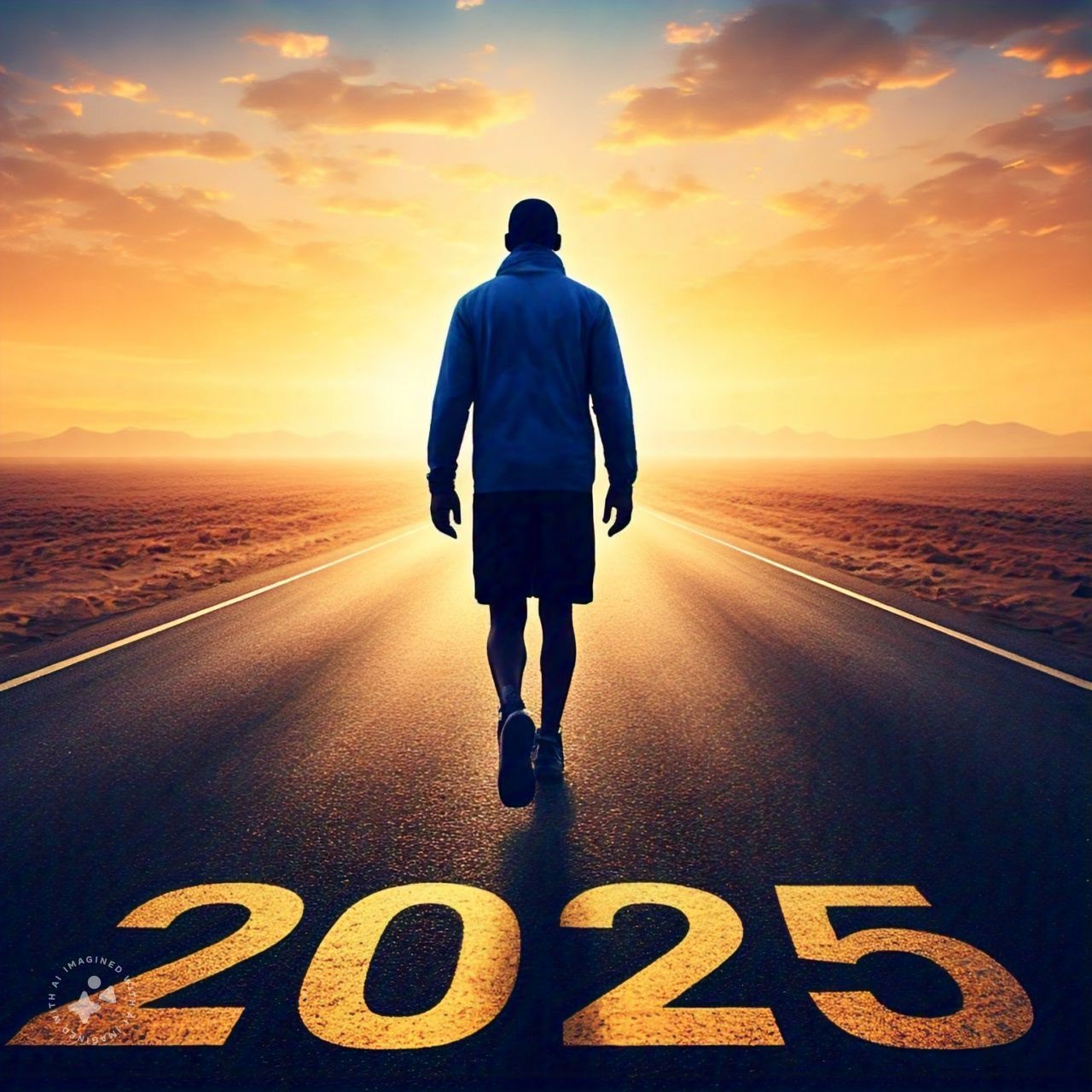 A man is walking down a road that says 2025