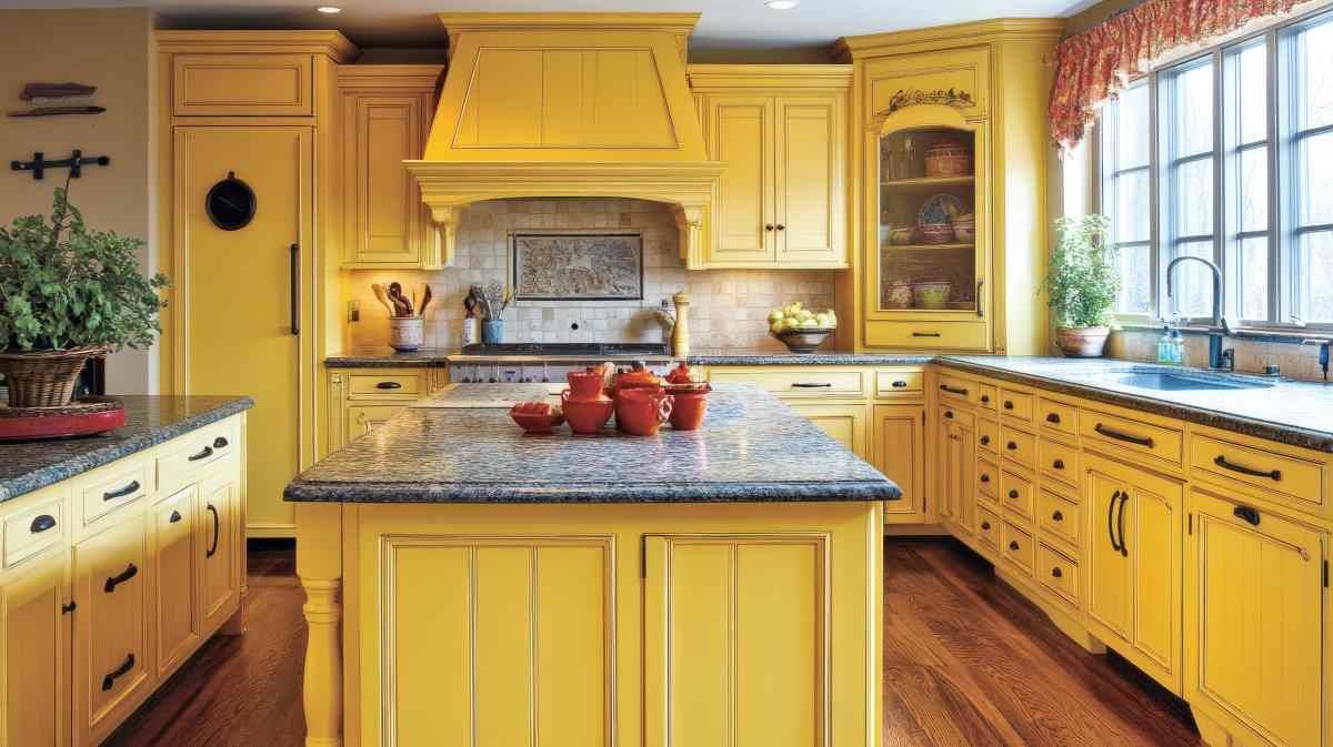 A kitchen with yellow cabinetry and off-white walls and ceilings at All About Painting near Johnson City, Tennessee (TN)