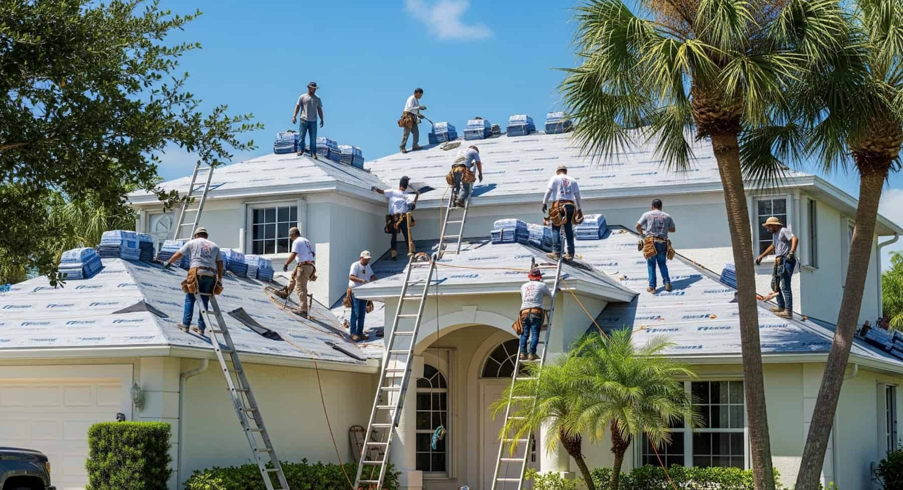 A group of construction workers are on the roof of a house, working on a new or replacement roof.