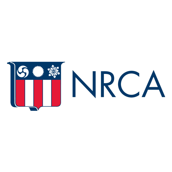a logo for nrca with a red white and blue coat of arms