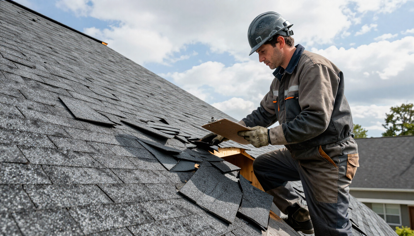Roofing professional inspecting storm damage on a shingle roof.