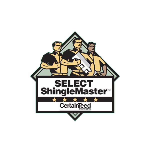 a logo for select shinglemaster shows three men holding shingles