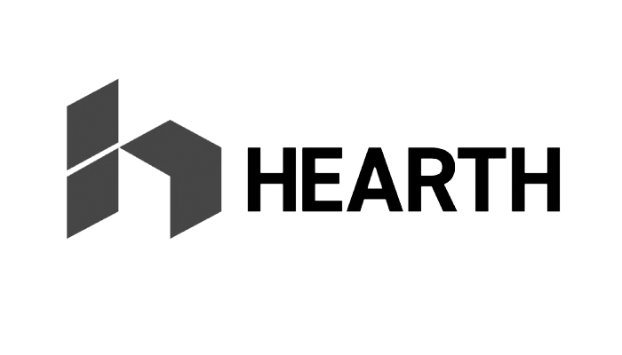 a black and white logo for a company called hearth