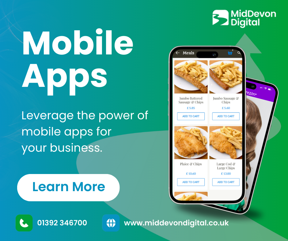Advertisement for mobile app development, featuring a phone with food app interface. Turquoise and green background.