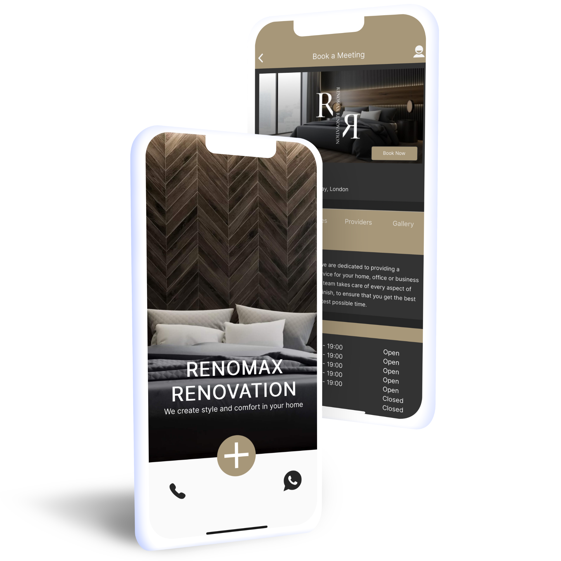 Two smartphones displaying a website for renovation services. One shows a bedroom, the other a home interior.