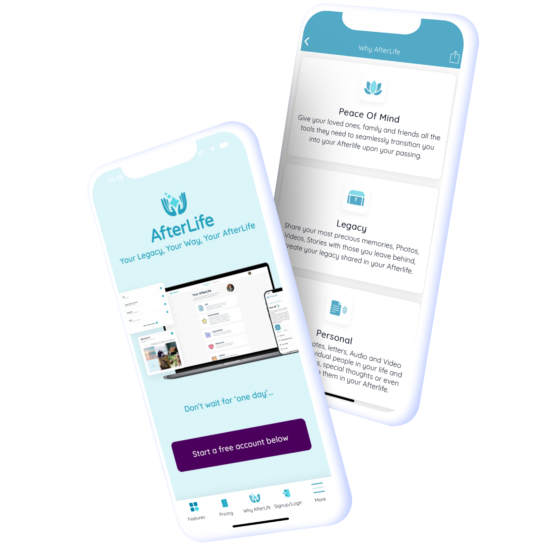 Two smartphones displaying the AfterLife app interface with teal and purple accents.