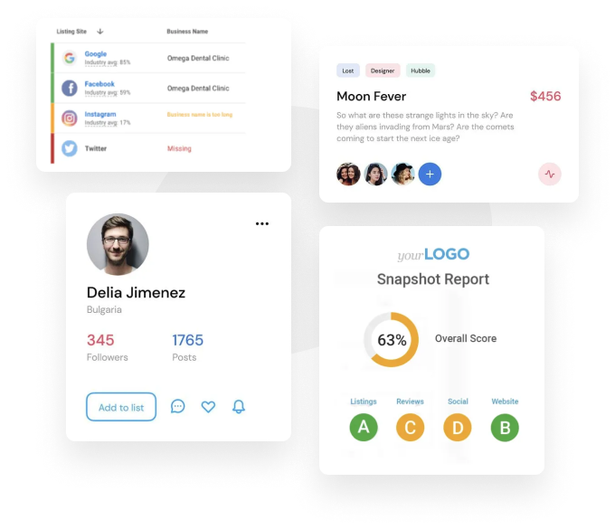 Four UI mockups: social media links, investment detail, profile card, and snapshot report with a logo.