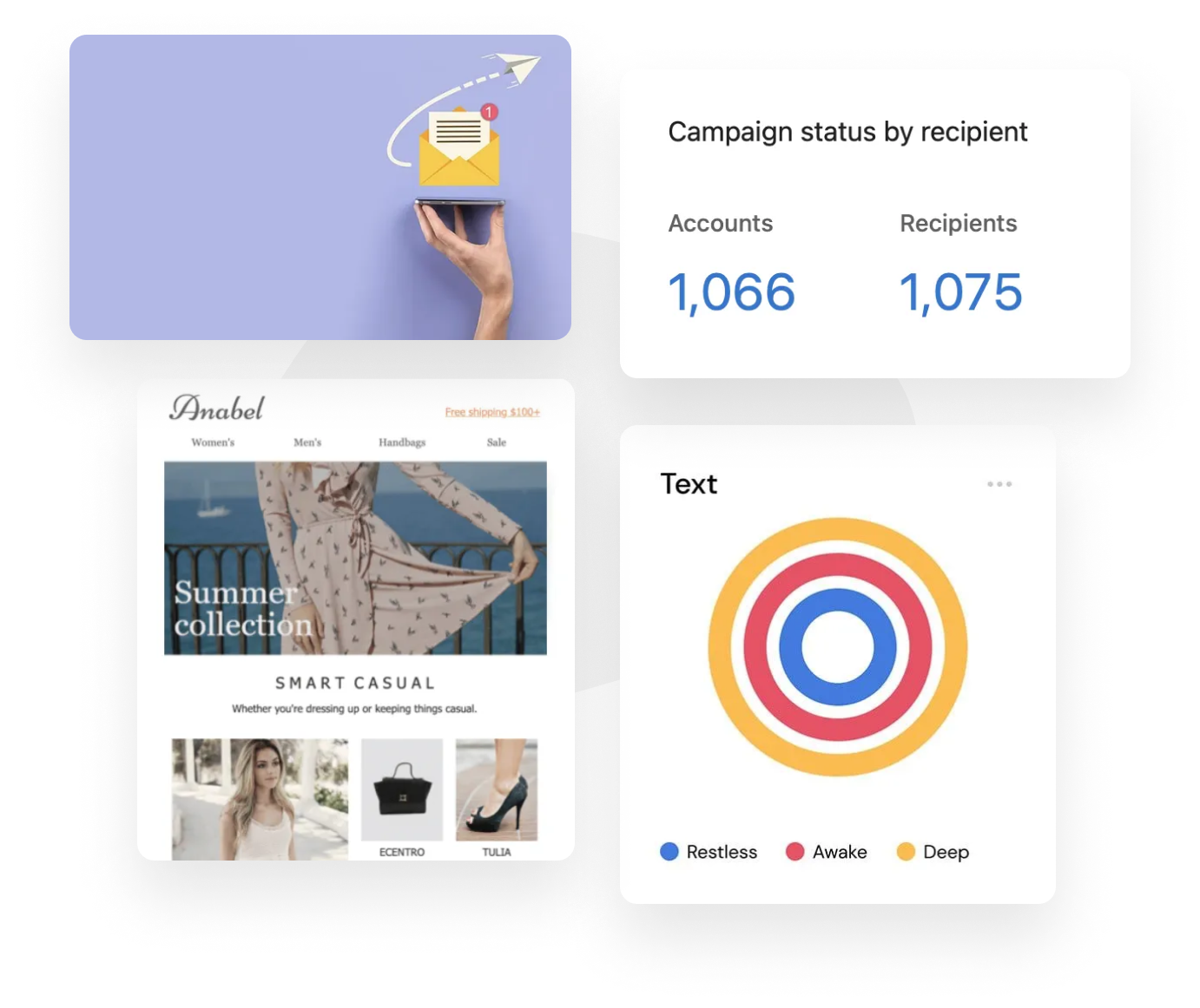 Email marketing dashboard with campaign stats and user data visualized in a circular graph.