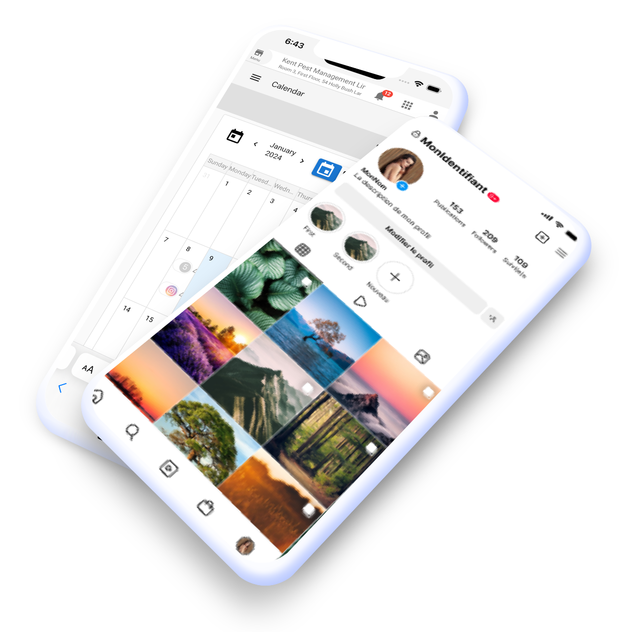Two smartphones displaying an Instagram profile with nature-themed photos and a social media interface.