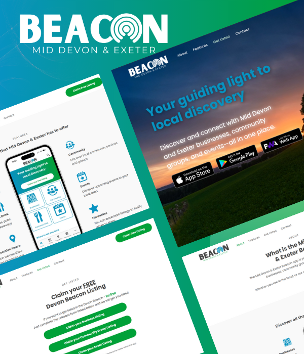 Beacon Mid Devon & Exeter website mockup showcasing app and features on a green gradient background.