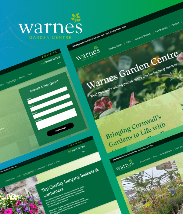 Website mockups for Warnes Garden Centre, featuring a green and white color scheme.