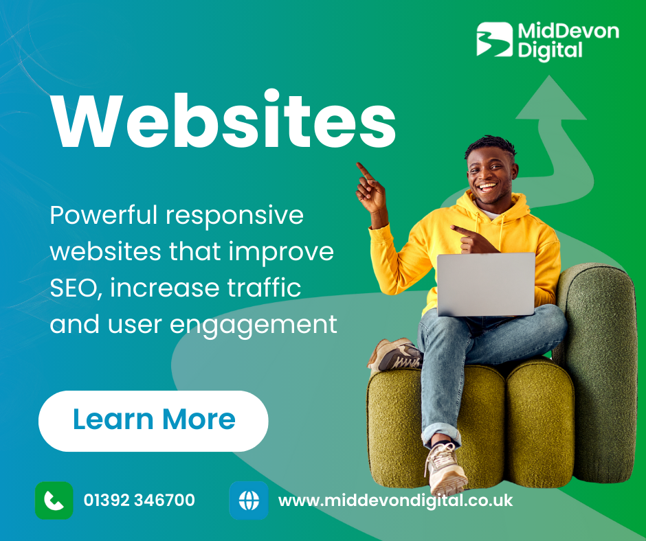Advertisement for MidDevon Digital. Man points at laptop, promoting responsive websites. Green and blue background.