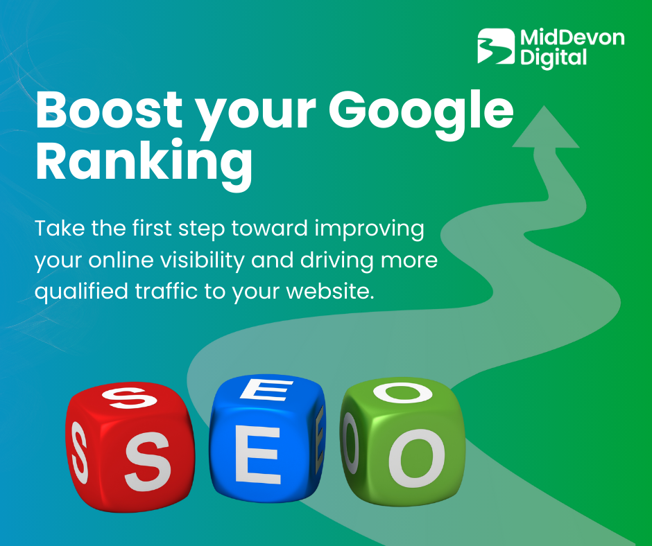 Advertisement for MidDevon Digital SEO services. Three dice spell SEO, arrow upwards, blue/green gradient background.