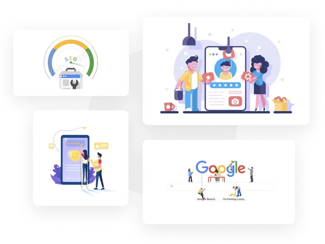 Four illustrations: Gauge with money; phone profile with people; phone with people; people working on Google logo.