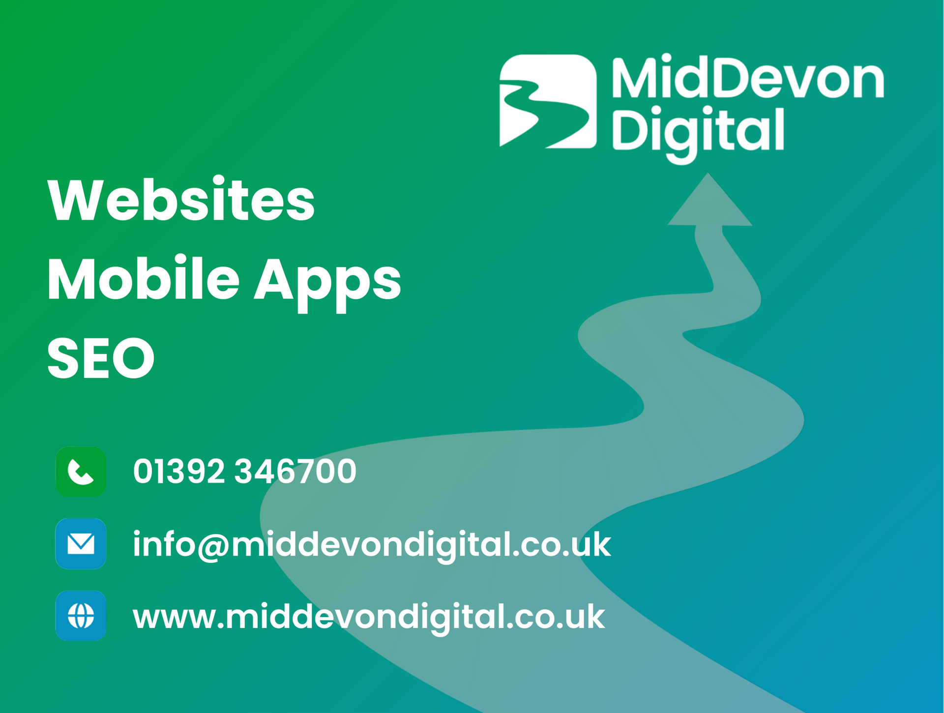 Business card for MidDevon Digital. Green-blue gradient background, offering websites, apps, and SEO. Contact info included.
