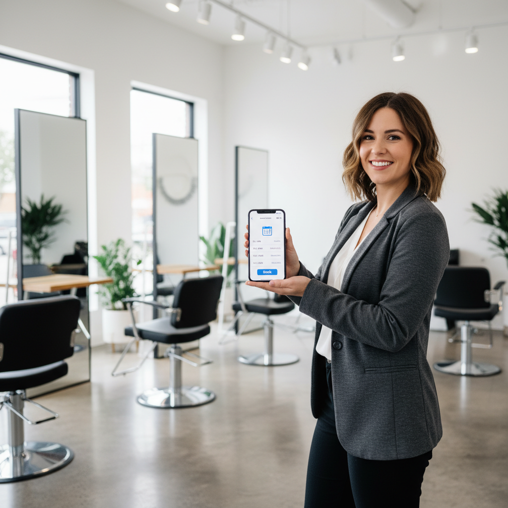 Woman in blazer smiles, holds phone with app screen, inside hair salon with chairs, mirrors, and plants.