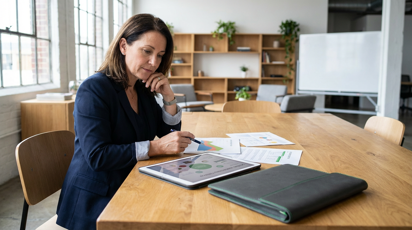 Woman at a wooden table in an office, reviewing documents and a tablet.