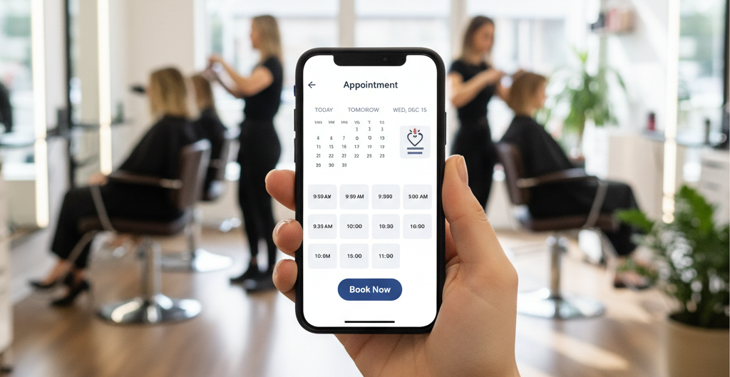 Person holding a phone displaying a calendar app in a salon, with stylists and clients in the background.