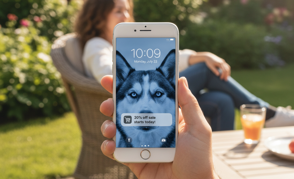 Person holding phone with dog image and notification, woman in background, outdoor setting.