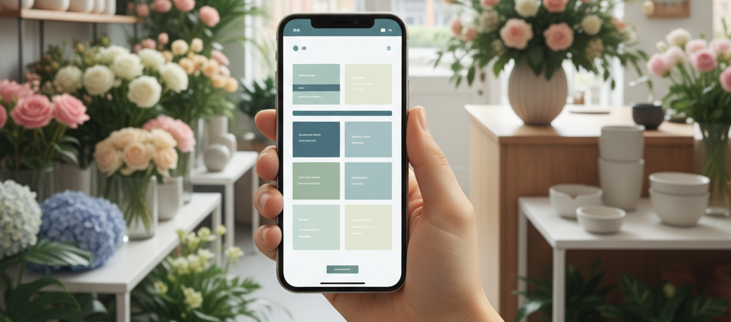 A hand holding a phone displaying a design app in a flower shop.