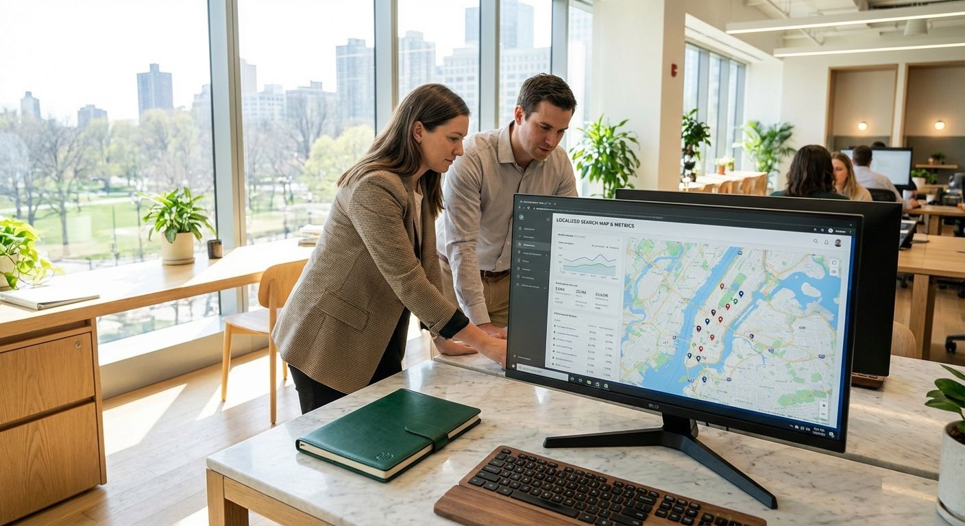 Two people looking at map displayed on computer monitor in sunny office.