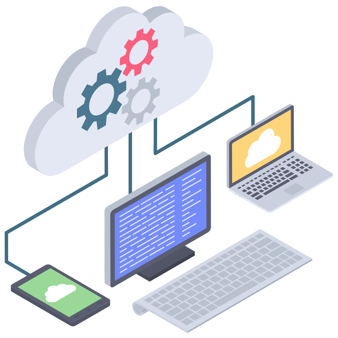 Cloud computing illustration: cloud connected to devices (tablet, monitor, laptop) with gears inside.