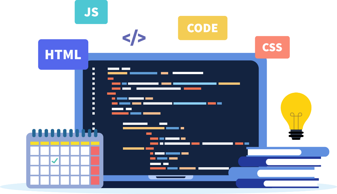 Laptop displaying code with HTML, CSS, JS, and code icons, a lightbulb, books, and calendar.
