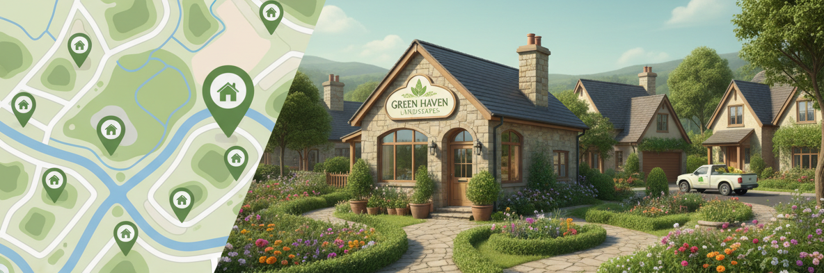 Map with house markers near a stone cottage with garden, in a sunny setting.