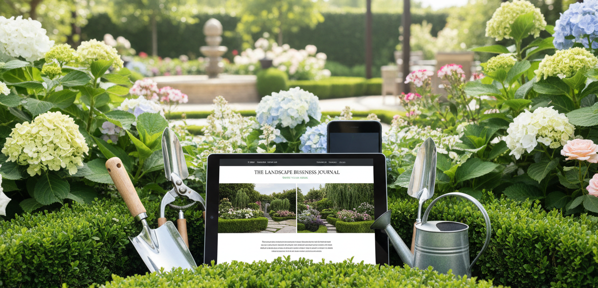 Tablet with garden website, surrounded by plants and gardening tools in a garden setting.