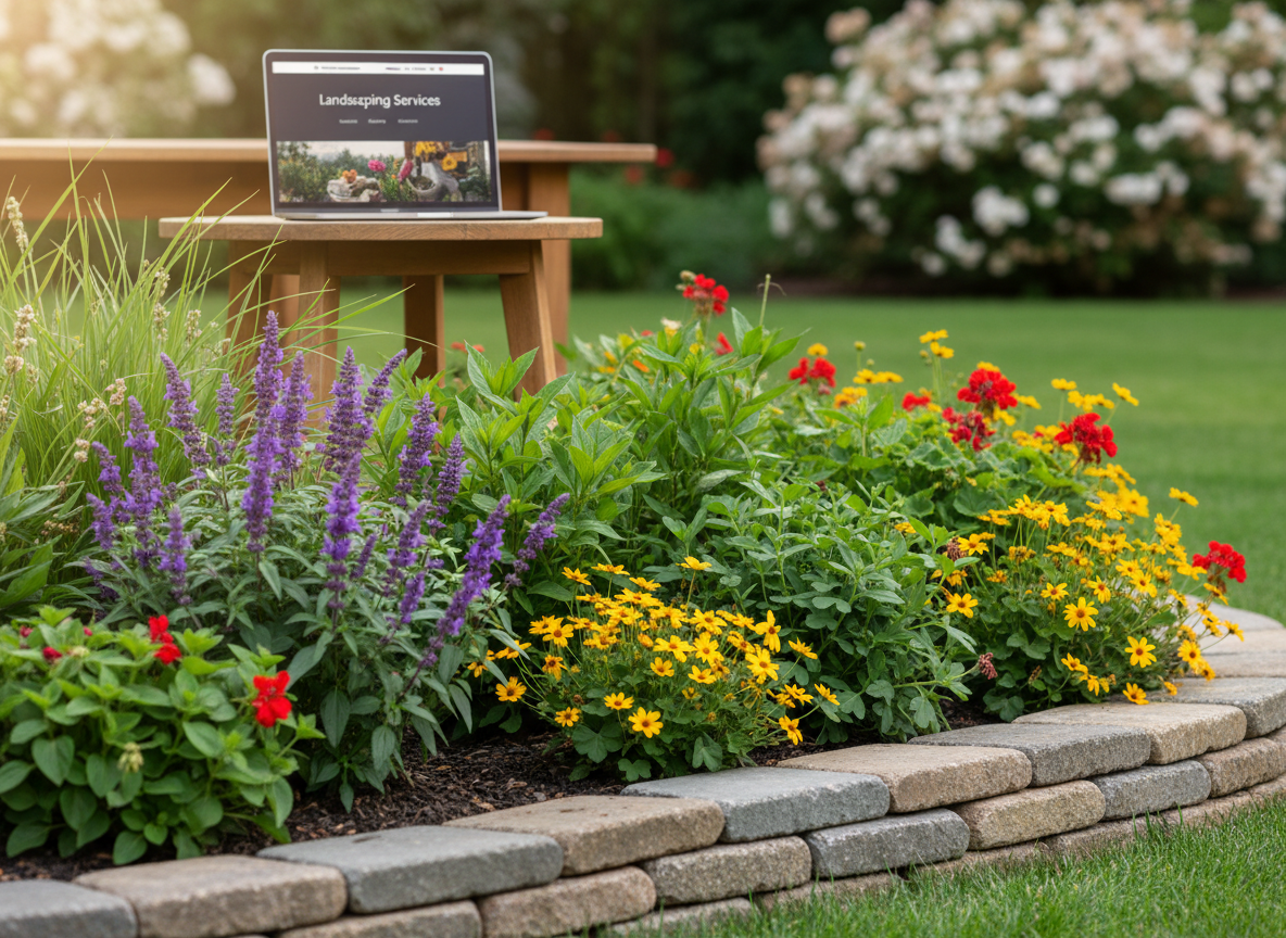 Laptop on a bench overlooking a flower bed with red, yellow, and purple blooms.