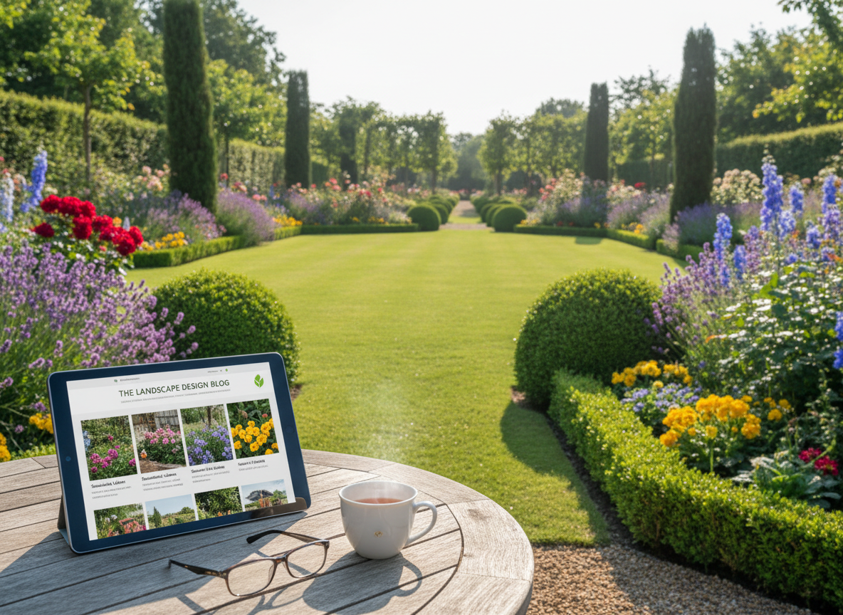 Tablet displaying garden images on a table with a teacup, garden view in the background.