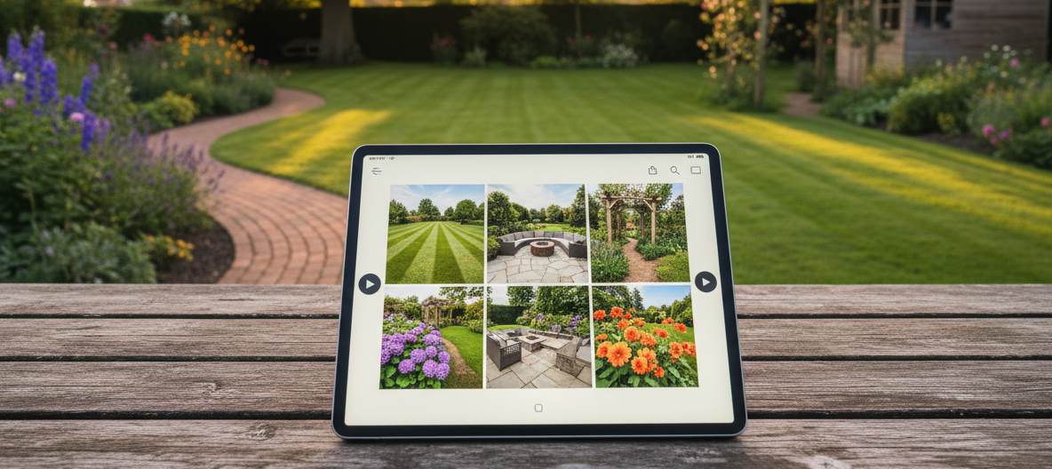 Tablet displaying garden photos on a wooden table, with a garden background.