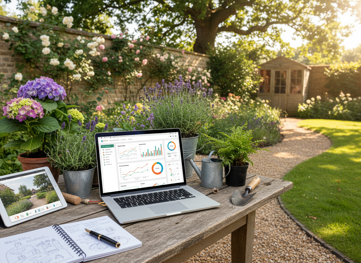 Laptop displaying charts, open notebook, and potted plants on a garden table; path, flowers, and shed in the background.
