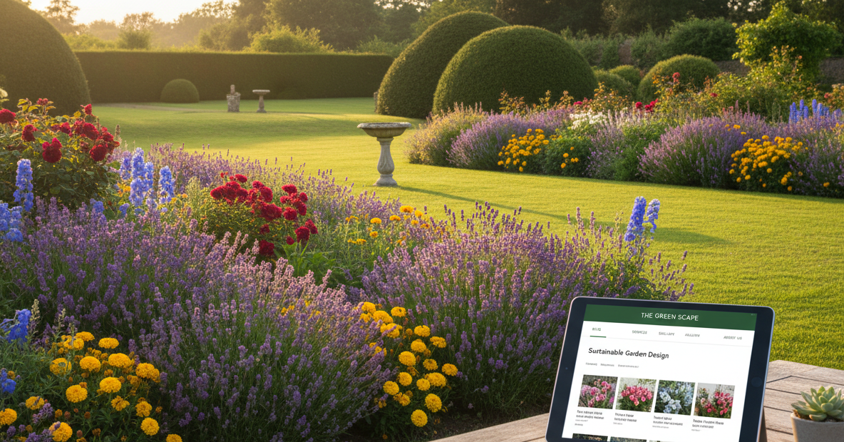 A colorful garden with various flowers; a tablet displays a shopping website for plants.