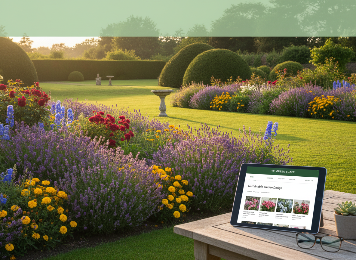 A tablet displays a gardening website on a table in a lush, sunny garden with blooming flowers.