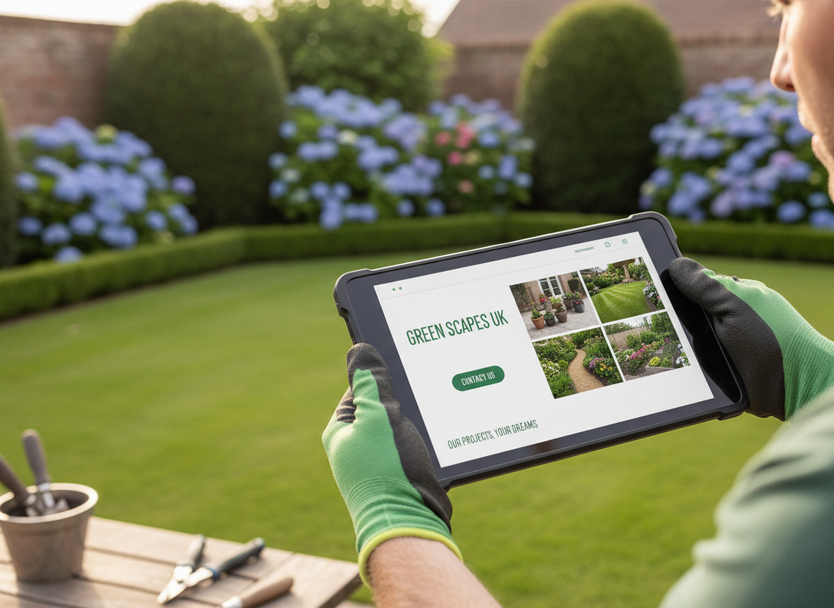 Person in gloves using a tablet in a garden, viewing landscaping designs.