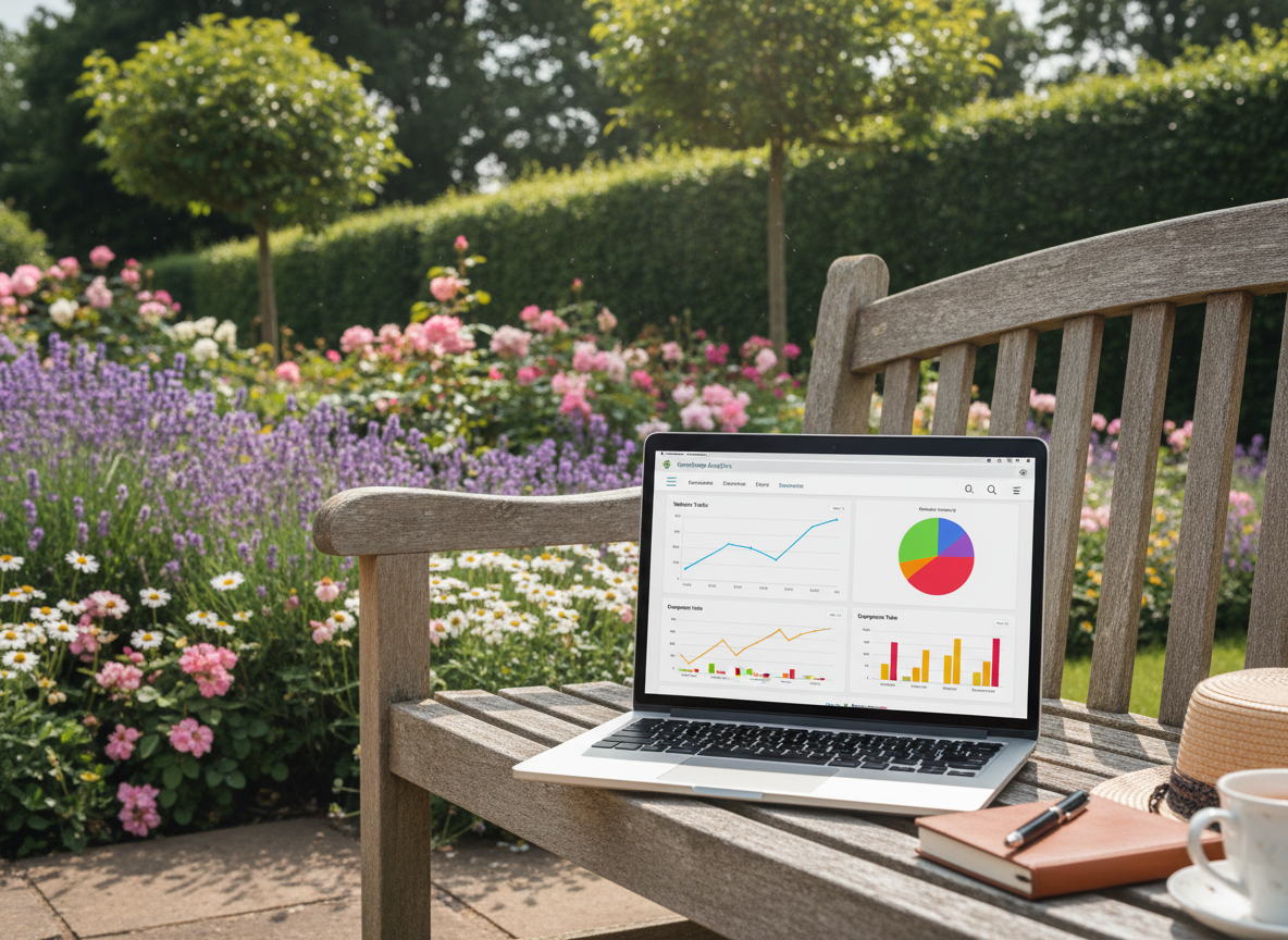 Laptop on a bench displaying charts in a garden with flowers and a coffee cup.