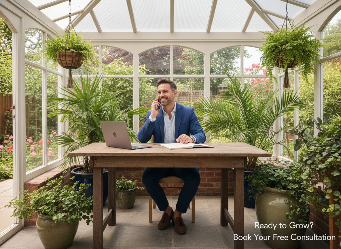 Man on a call at a desk in a greenhouse. Plants surround him.