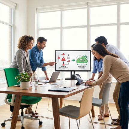 Team collaborates around a monitor displaying a flow chart. Office setting with large windows, bright colors.