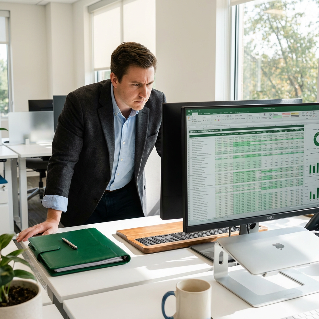 Man leaning over computer monitor, focused on a spreadsheet. Office setting with a green notebook and coffee mug.