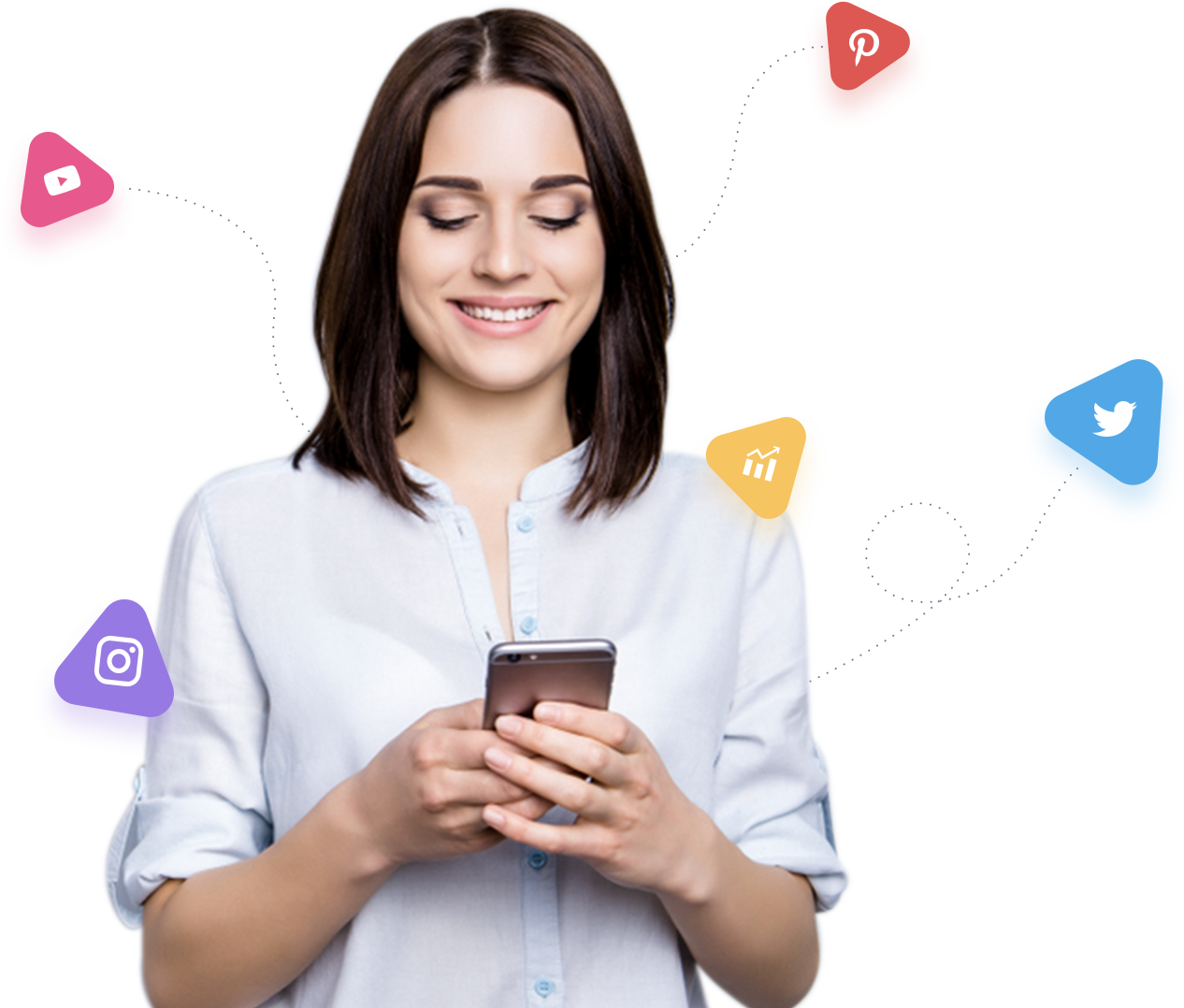 Woman smiling, using a smartphone, surrounded by social media icons.