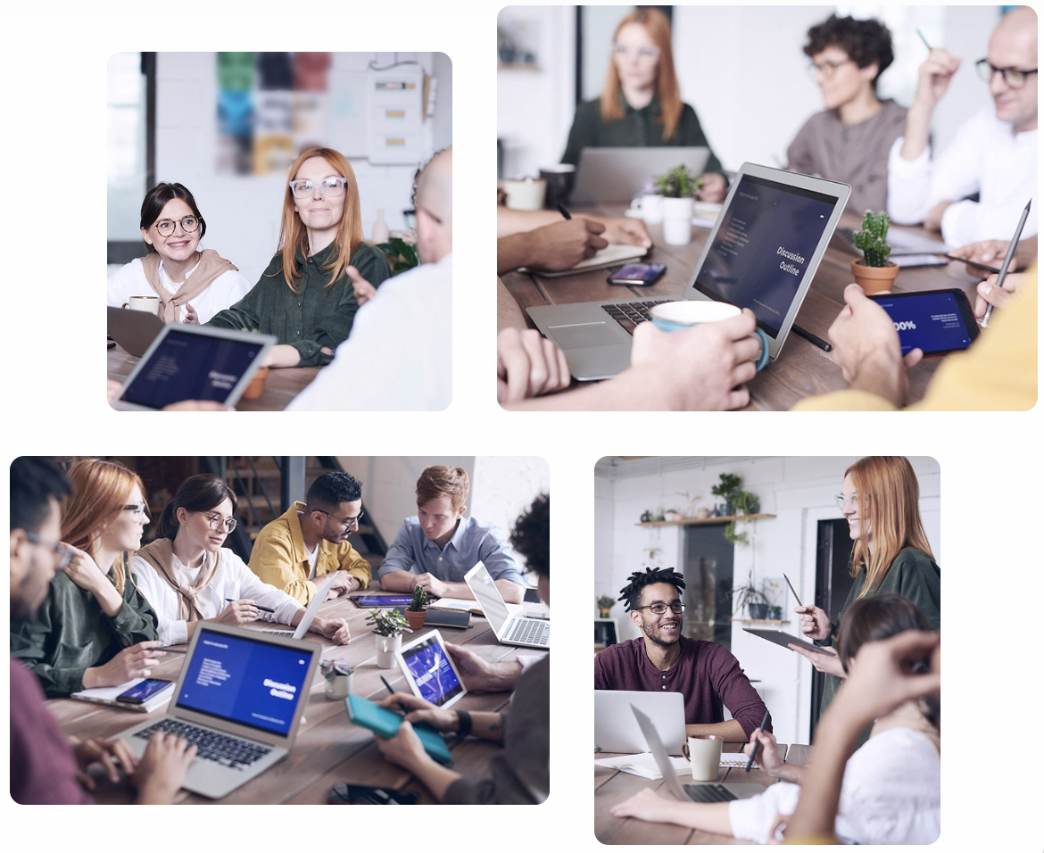 Four photos: people in collaborative meetings, using laptops and tablets.