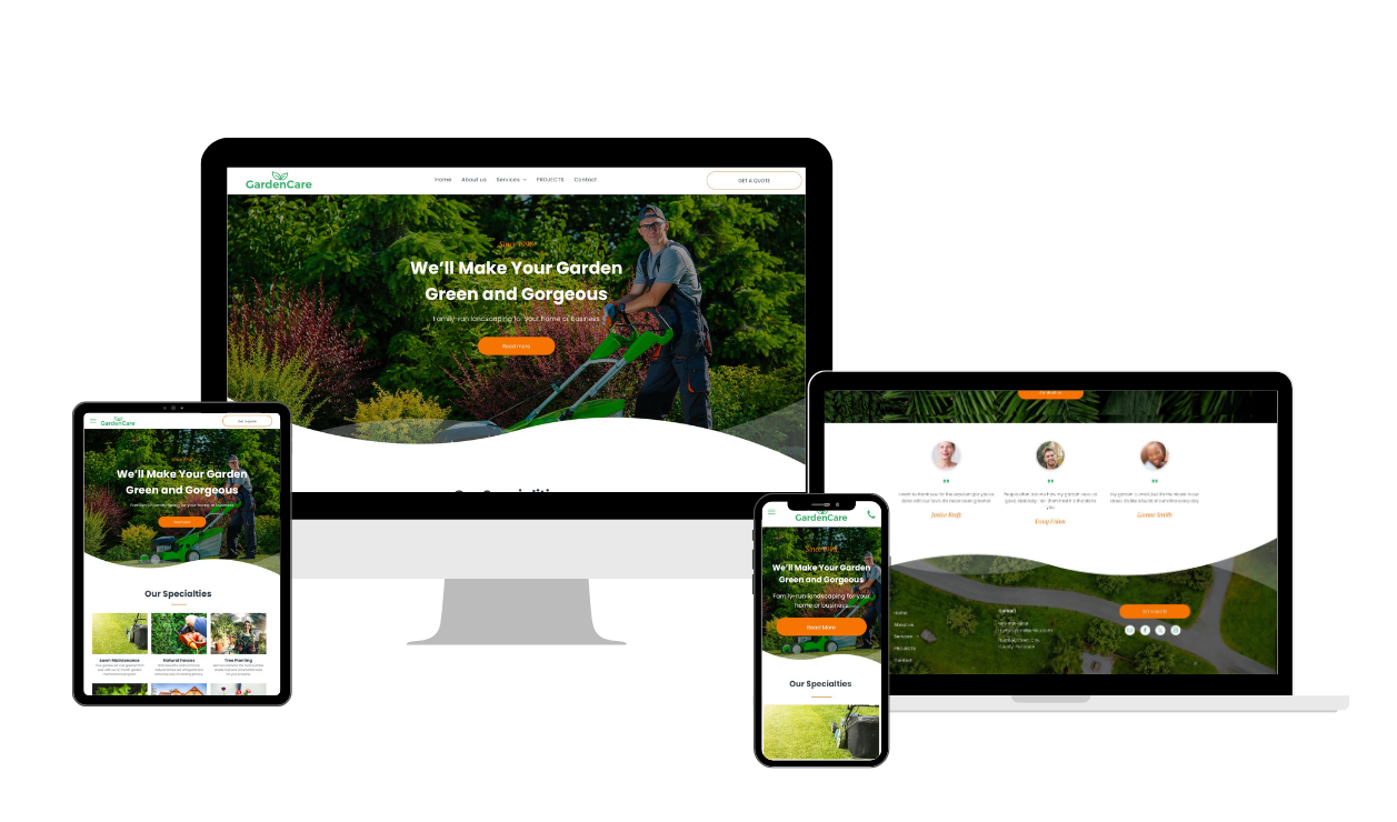 Website design on multiple devices showing a man mowing lawn.