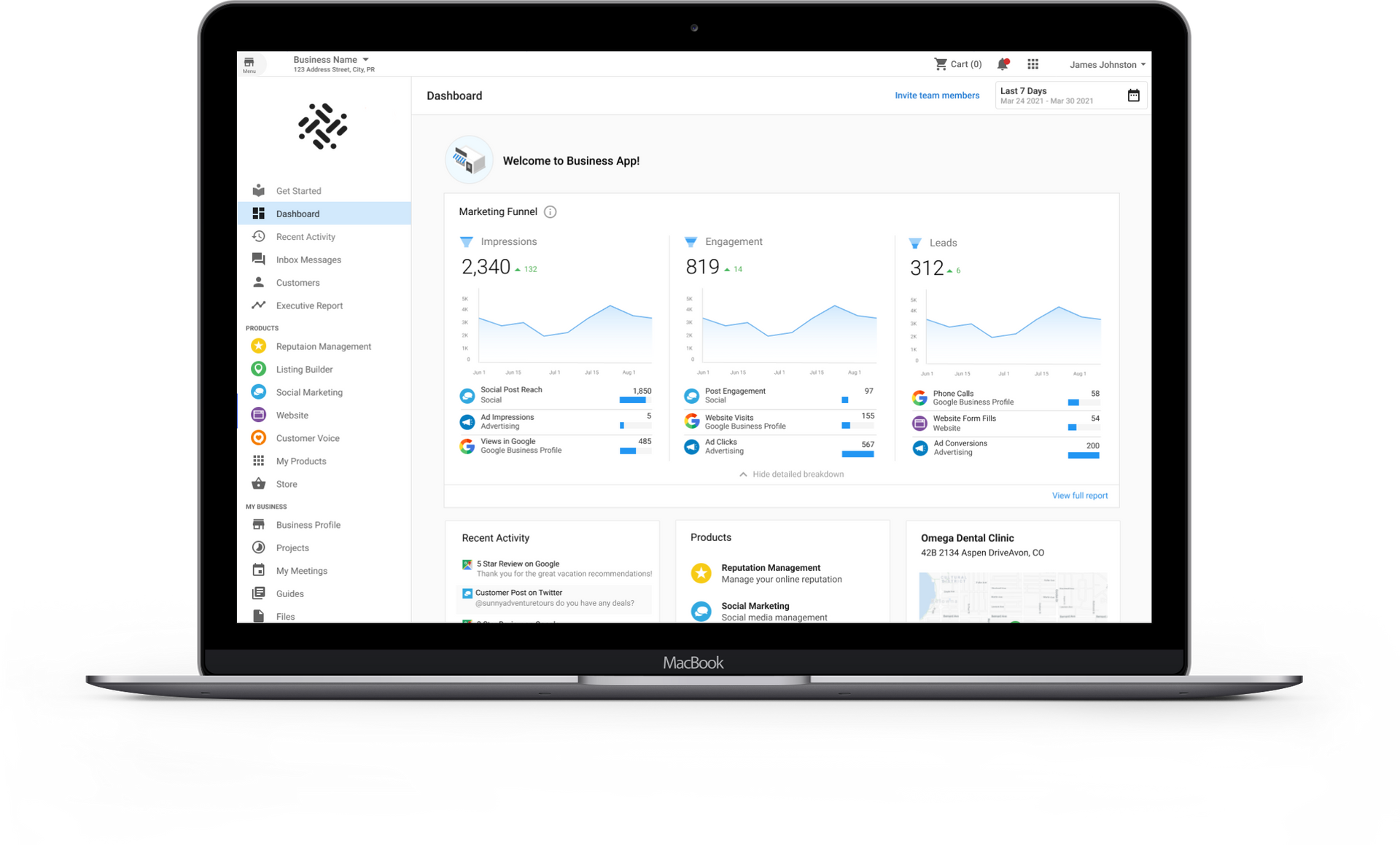 Laptop displaying a data analytics dashboard with graphs and charts, white and blue UI.