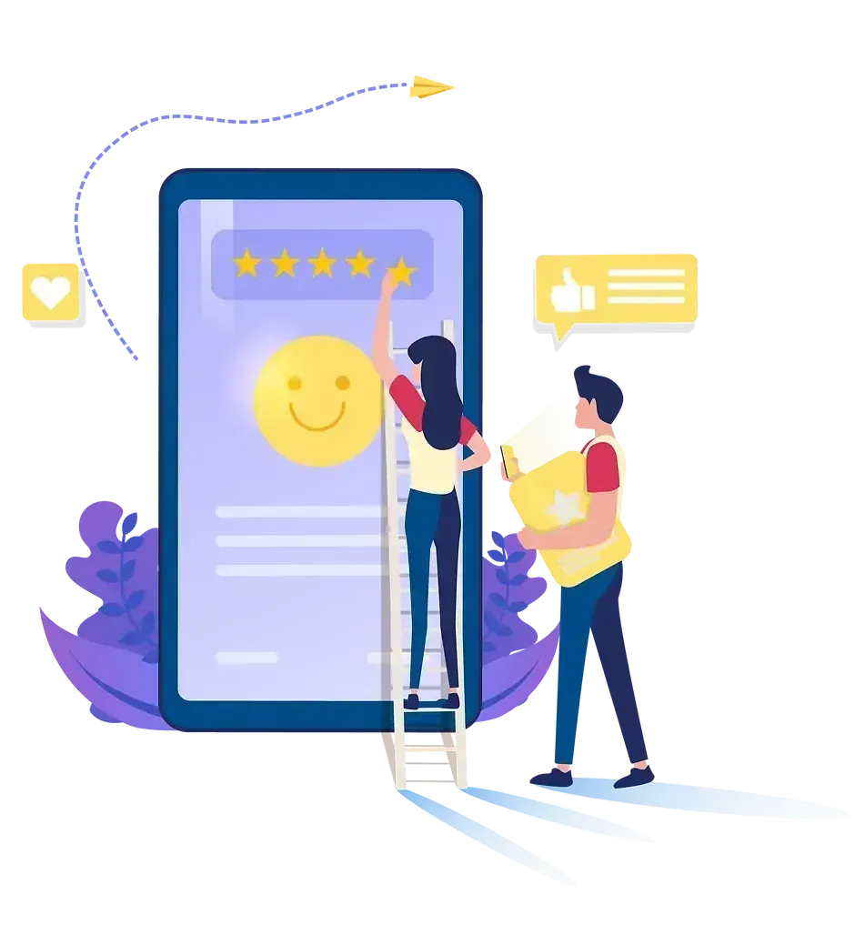 People giving a 5-star rating on a phone. One person on a ladder, another holding a bag. Feedback concept.
